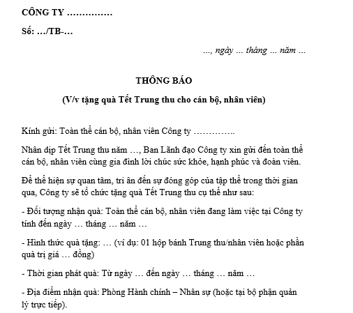 Mẫu văn bản quyết định tặng quà trung thu cho nhân viên 
